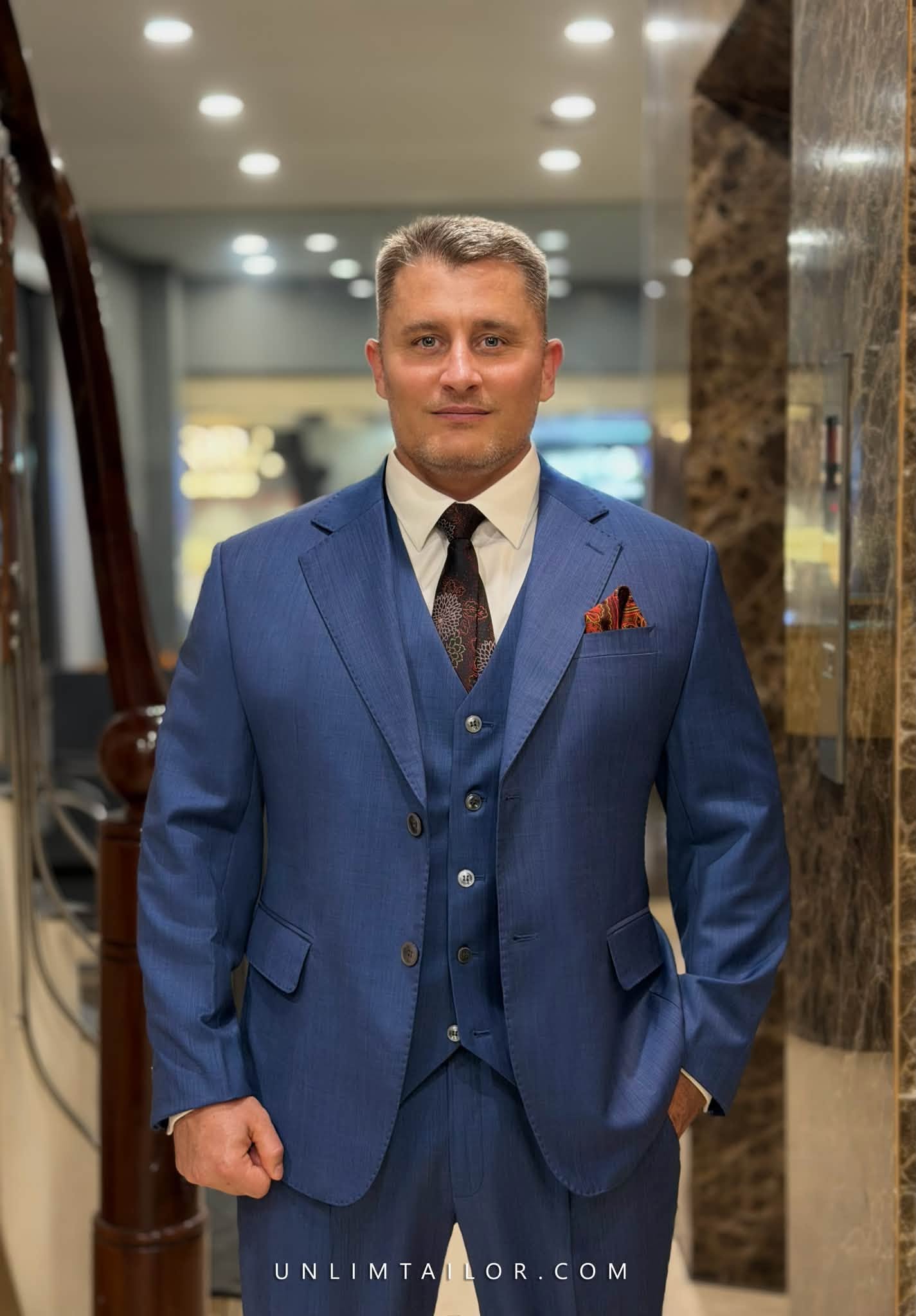 A three-piece navy blue suit, made exclusively for you by Unlim Tailor’s bespoke tailoring service in Hanoi.