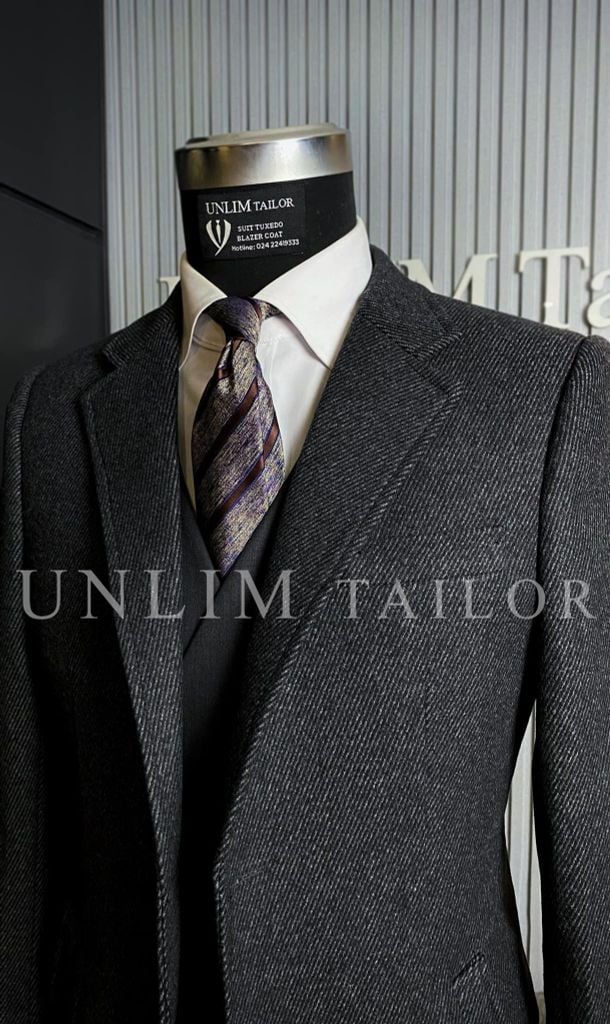 Măng Tô Dạ Lông Cừu Xám Họa Tiết Vân Chéo - detail images