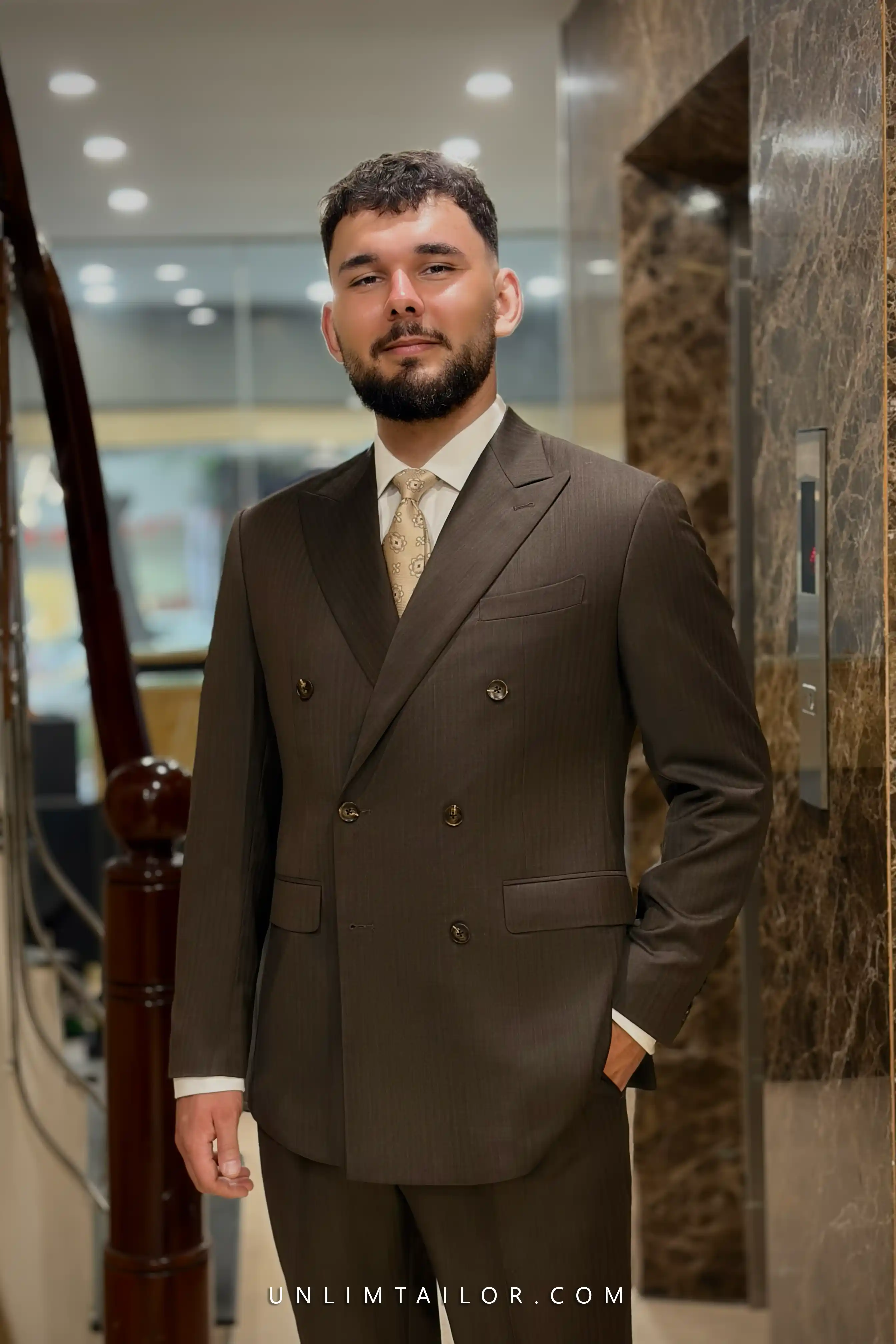 A dark espresso-brown suit with fine pinstripes, custom-tailored by Unlimtailor - detail images