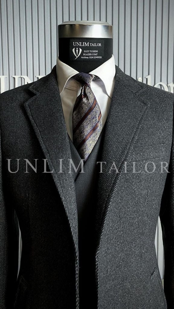 Măng Tô Dạ Lông Cừu Xám Họa Tiết Vân Chéo - detail images