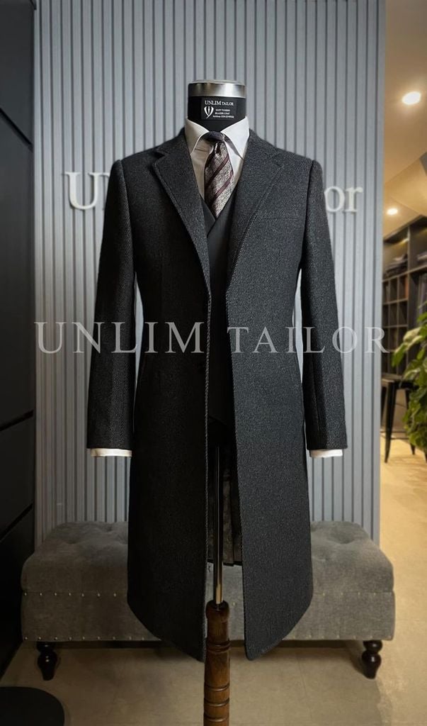 Măng Tô Dạ Lông Cừu Xám Họa Tiết Vân Chéo - detail images