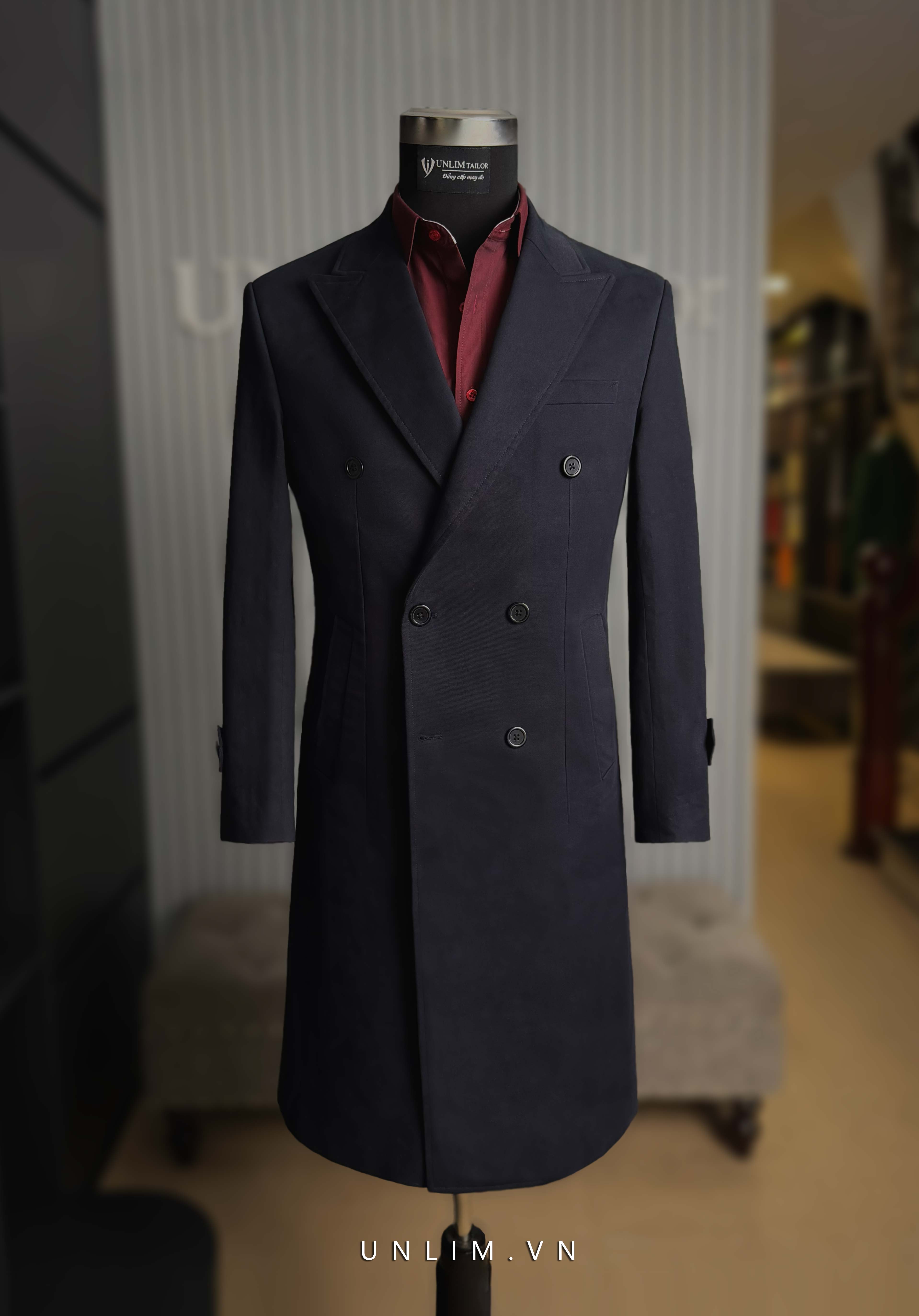 Măng Tô Xanh Navy Midnight Cổ Nhọn Hai Hàng Khuy - detail images